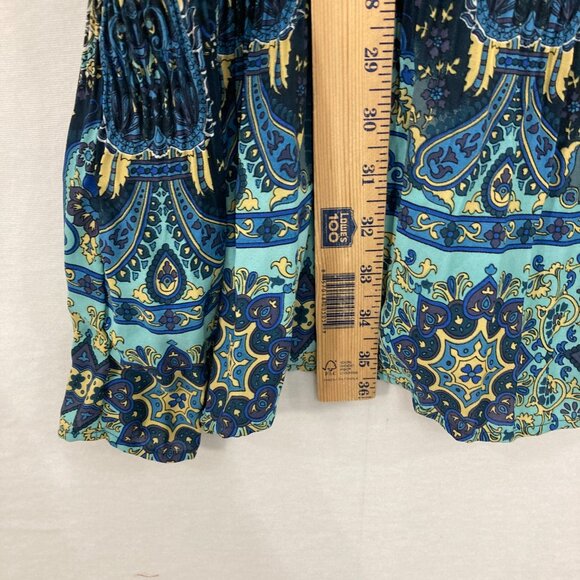 New Avenue size 30/32 Blue Abstract Boho Print  V Neck Festival Pleated Tunic - Picture 6 of 11